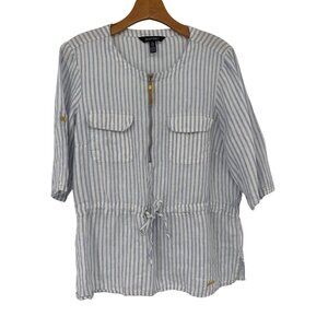 Ellen Tracy linen top shirt size medium Womens Blue Striped 3/4 roll tab Sleeve